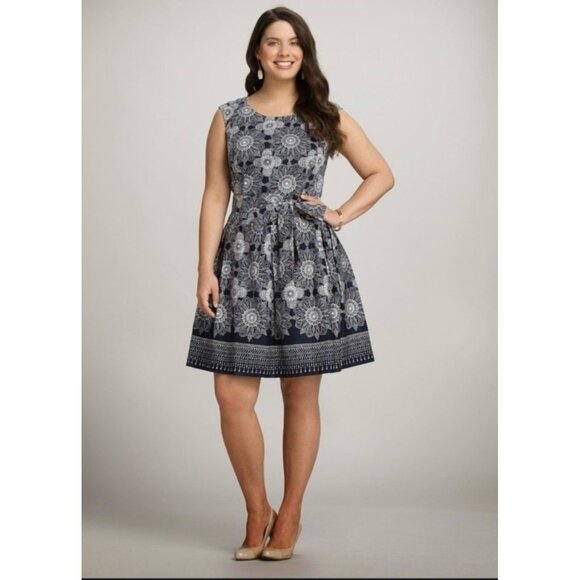 Robbie Bee Paisley Sleeveless Belted Dress Sz 14 (Large) Womens Navy Blue - Picture 1 of 12